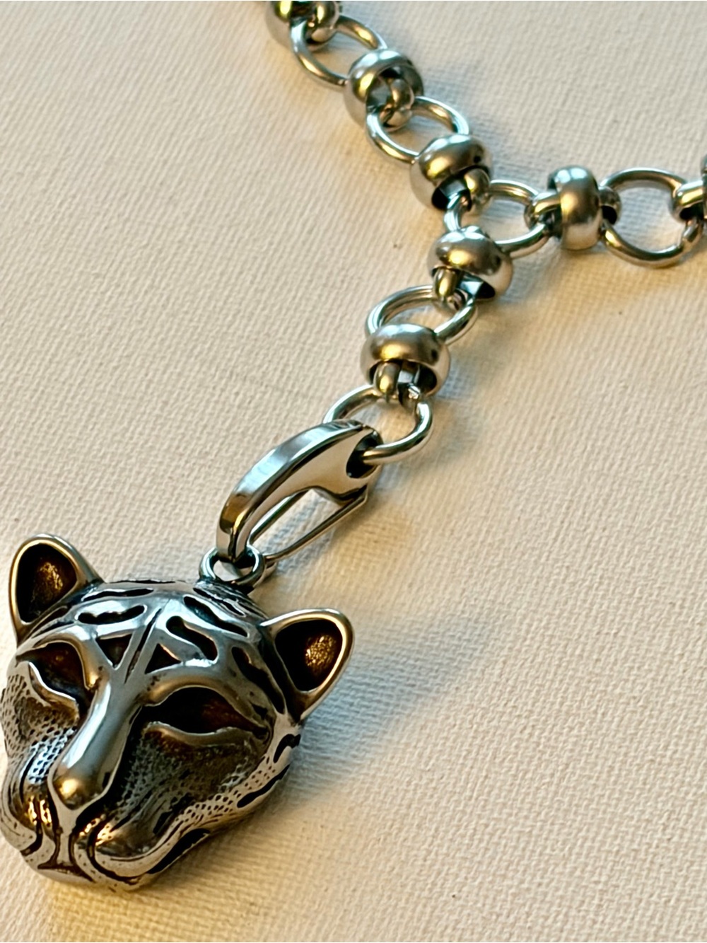 Stainless Steel Tiger Head Pendant Necklace - Silver - Picture 2 of 6